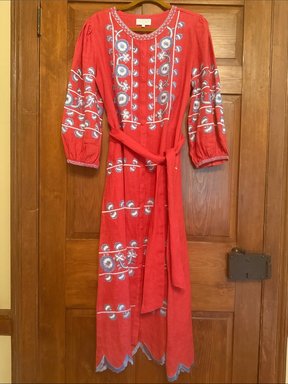 Red Embroidered Maxi Dress with Waist Tie